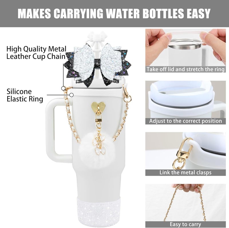 SEMATA Bling Accessories for Stanley Cup 40oz & 30oz Tumbler Including Silicone Cute Bow Straw Topper Cover, Silicone Boot for Stanley Cup,Leather Water Bottle Handle Strap, Charms(White) - Image 2